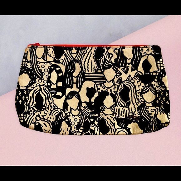 Ipsy Glam Bag Canvas Black/White/ Pink Lady Faces - Picture 1 of 5